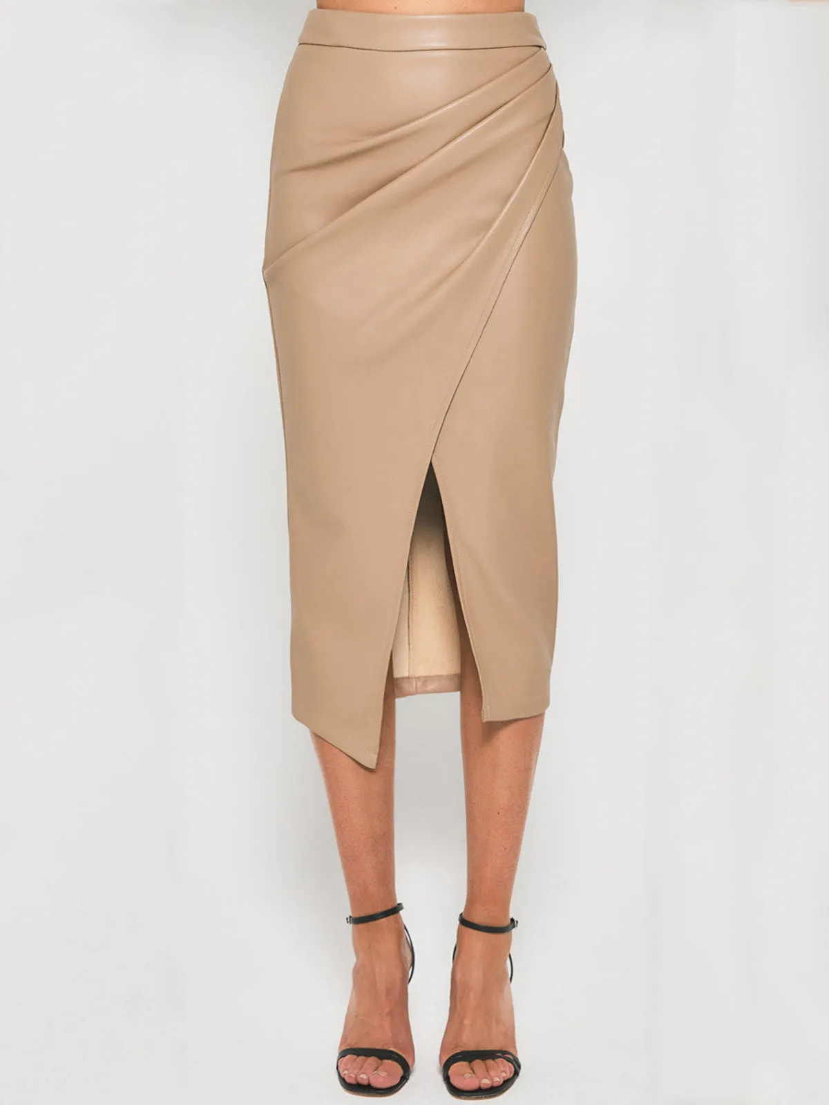 Pleated Split PU Leather Skirt