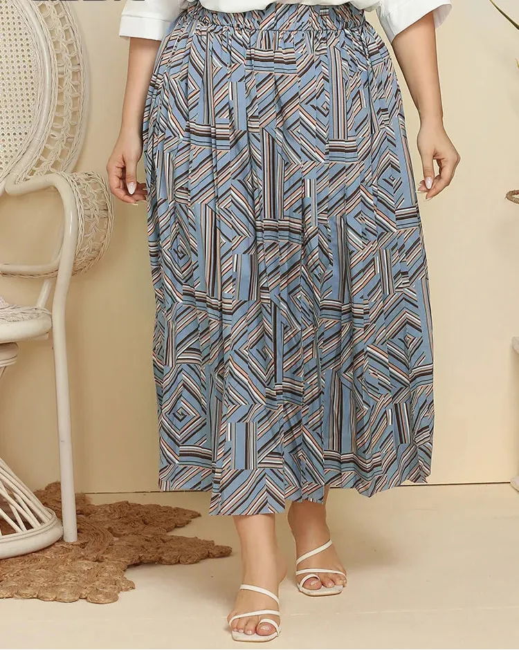 Plus Size Geometric Print Pleated Maxi Long Skirts