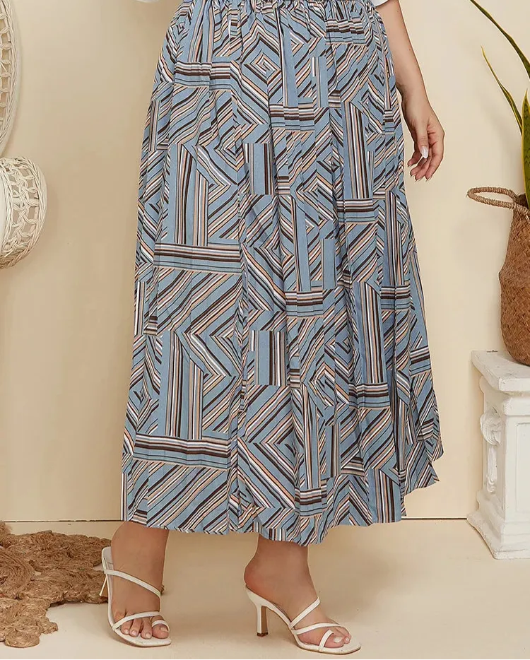Plus Size Geometric Print Pleated Maxi Long Skirts