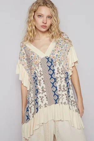 POL Ruffled Hem Printed V-Neck Short Sleeve Blouse