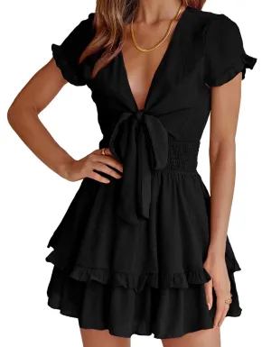 PRETTYGARDEN Women's 2024 Summer Swing Mini Dress Tie Front V Neck Short Sleeve Ruffle Layer A-Line Short Dress