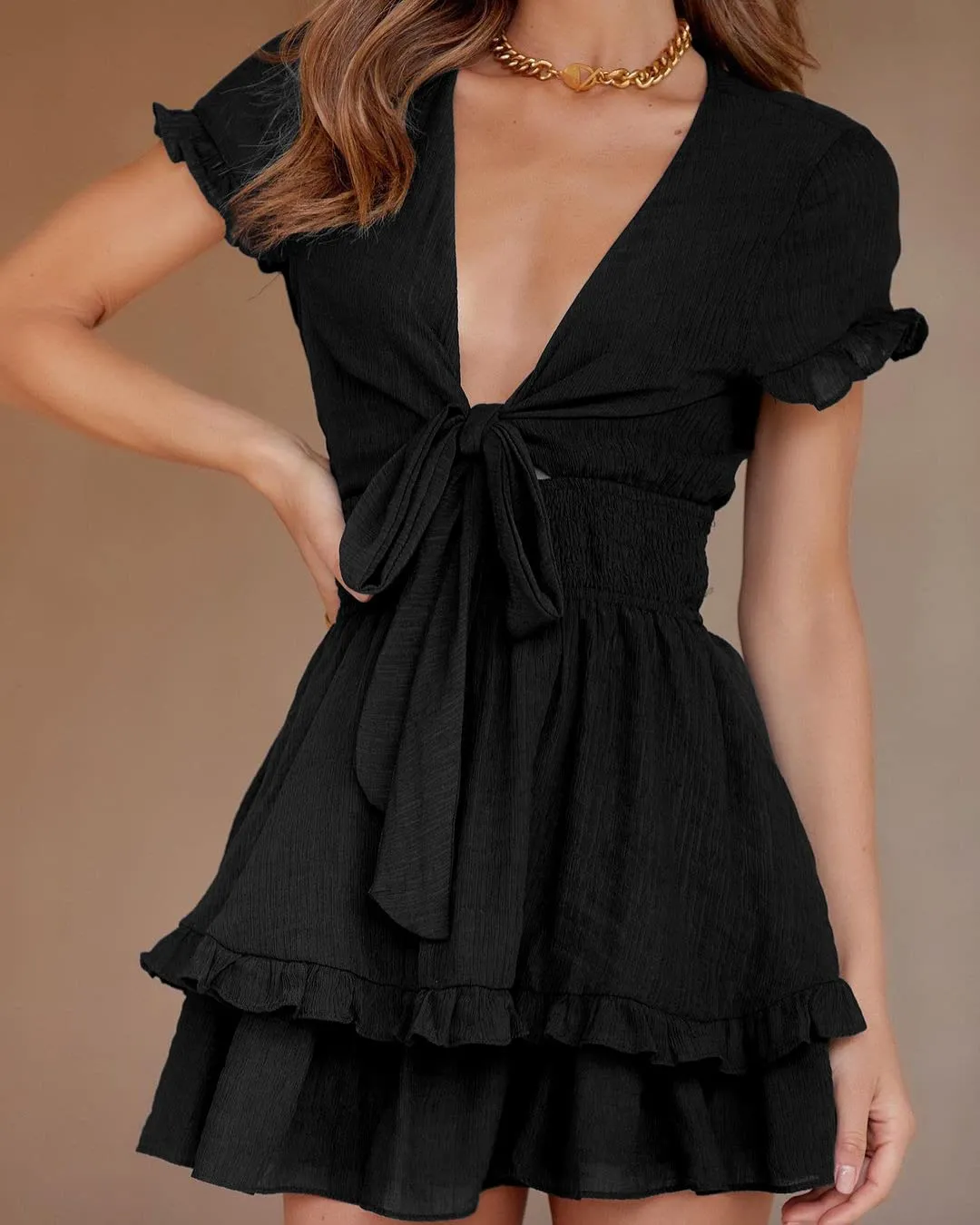 PRETTYGARDEN Women's 2024 Summer Swing Mini Dress Tie Front V Neck Short Sleeve Ruffle Layer A-Line Short Dress
