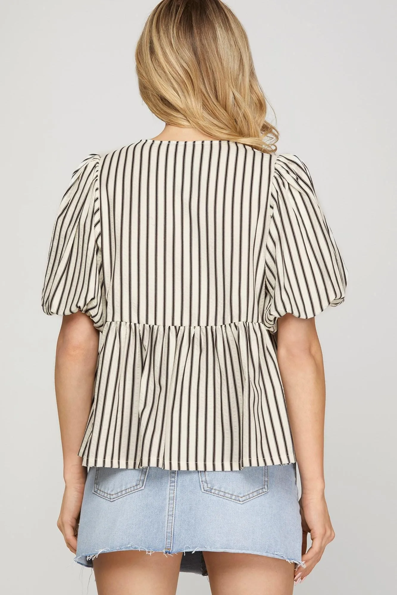 Puff Sleeve Bow Front Tie Striped Woven Peplum Top
