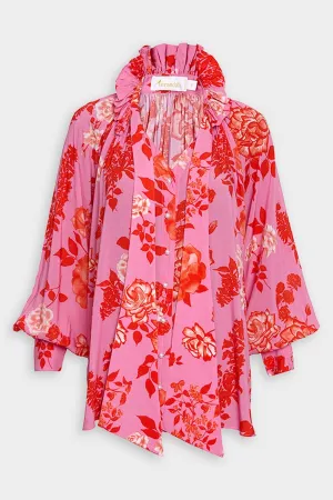 Pussy Bow Blouse in Pink and Red Mono Roses