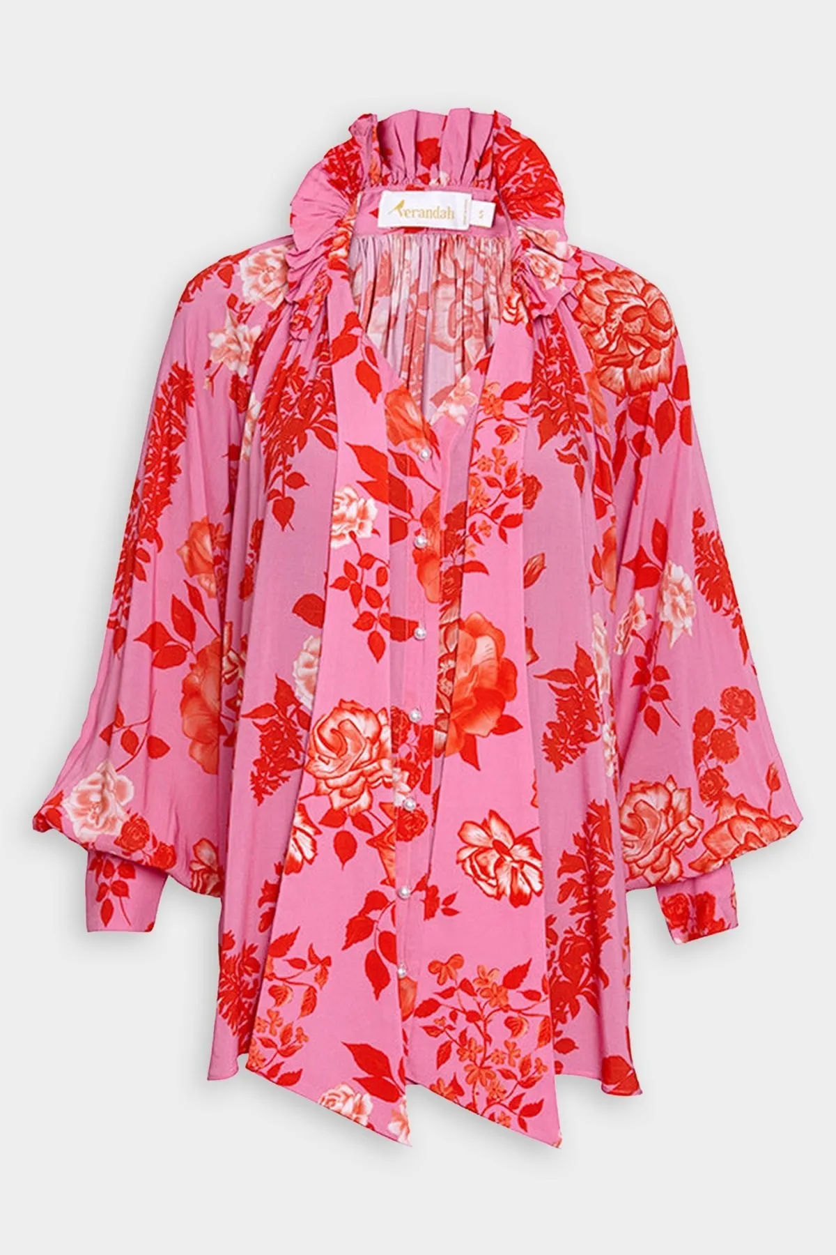 Pussy Bow Blouse in Pink and Red Mono Roses
