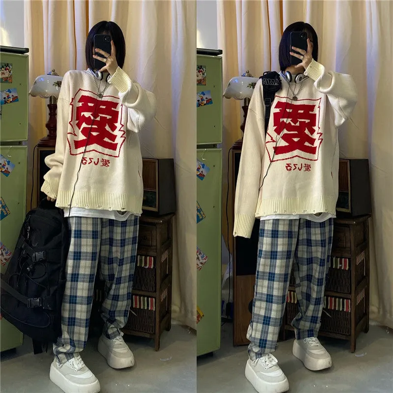 "LOVE" SWEATER / BLUE PLAID PANTS N121503