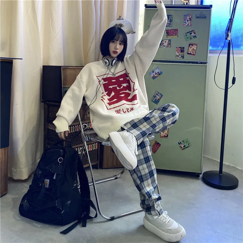"LOVE" SWEATER / BLUE PLAID PANTS N121503