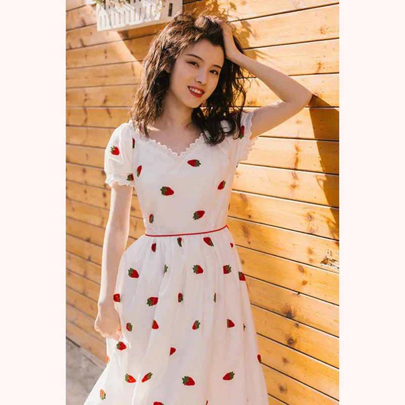 "STRAWBERRY EMBROIDERY V-NECK" DRESS D070309