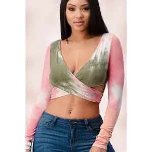 Rayon Tie Dye Surplice Tie back Crop Top