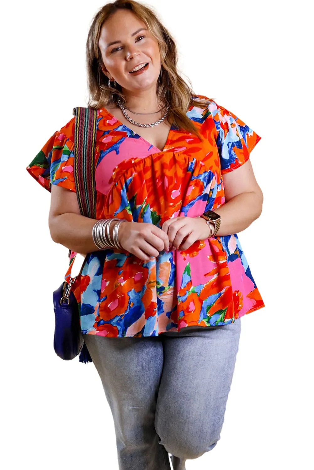 Red Abstract Floral Print V Neck Plus Blouse