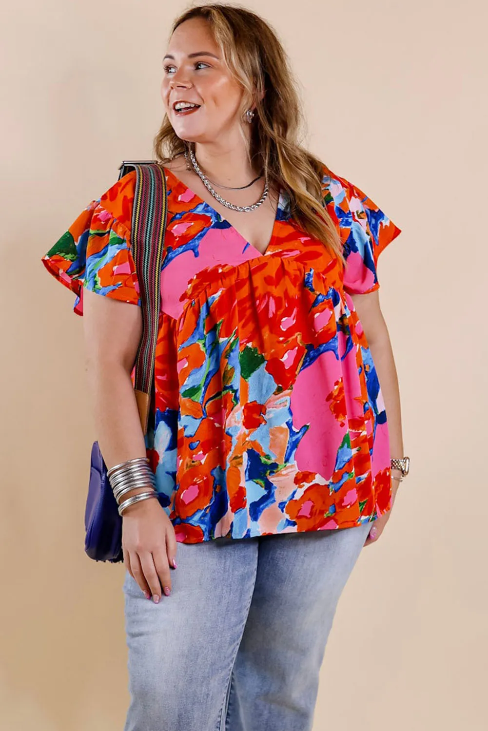 Red Abstract Floral Print V Neck Plus Blouse