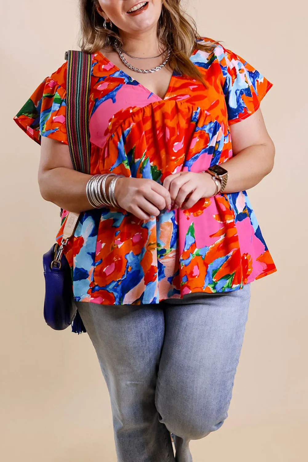 Red Abstract Floral Print V Neck Plus Blouse