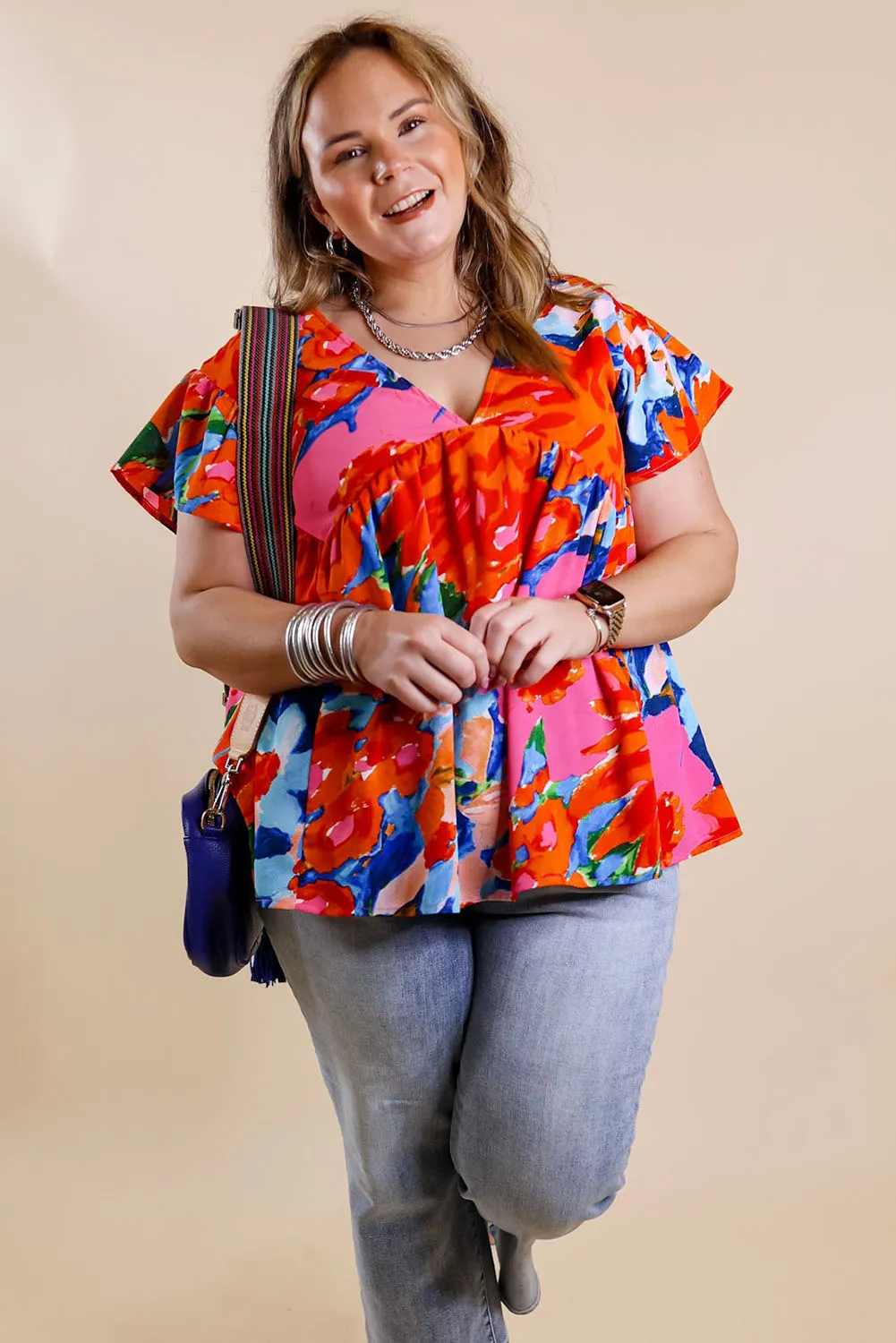 Red Abstract Floral Print V Neck Plus Blouse