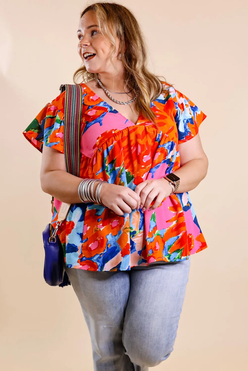 Red Abstract Floral Print V Neck Plus Blouse