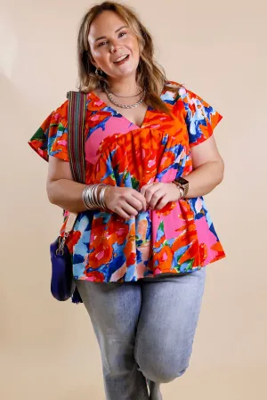 Red Abstract Floral Print V Neck Plus Blouse