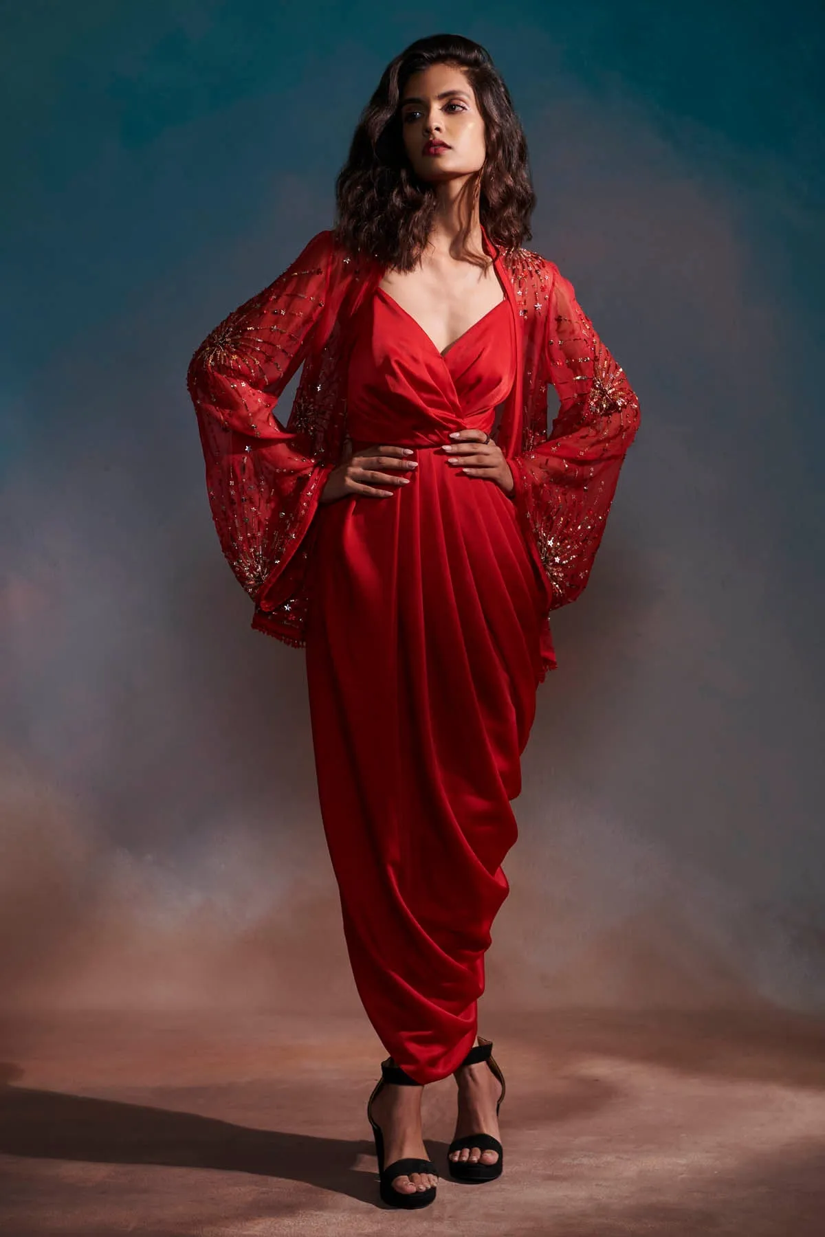 Red Embroidered Cape & Dress