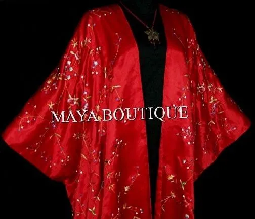 Red Embroidered Silk Kimono Caftan Duster Opera Coat Maya Matazaro Plus Up to 5X