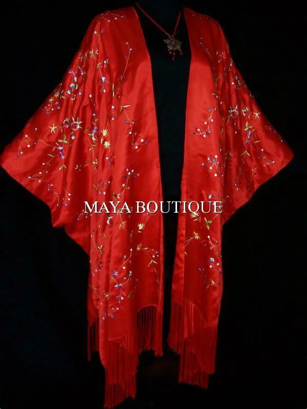 Red Embroidered Silk Kimono Caftan Duster Opera Coat Maya Matazaro Plus Up to 5X