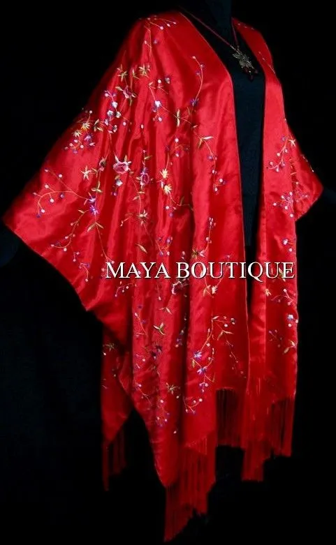 Red Embroidered Silk Kimono Caftan Duster Opera Coat Maya Matazaro Plus Up to 5X