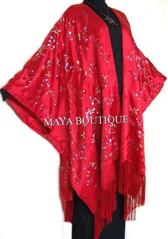 Red Embroidered Silk Kimono Caftan Duster Opera Coat Maya Matazaro Plus Up to 5X