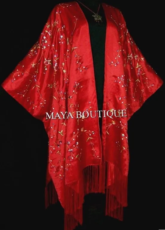Red Embroidered Silk Kimono Caftan Duster Opera Coat Maya Matazaro Plus Up to 5X