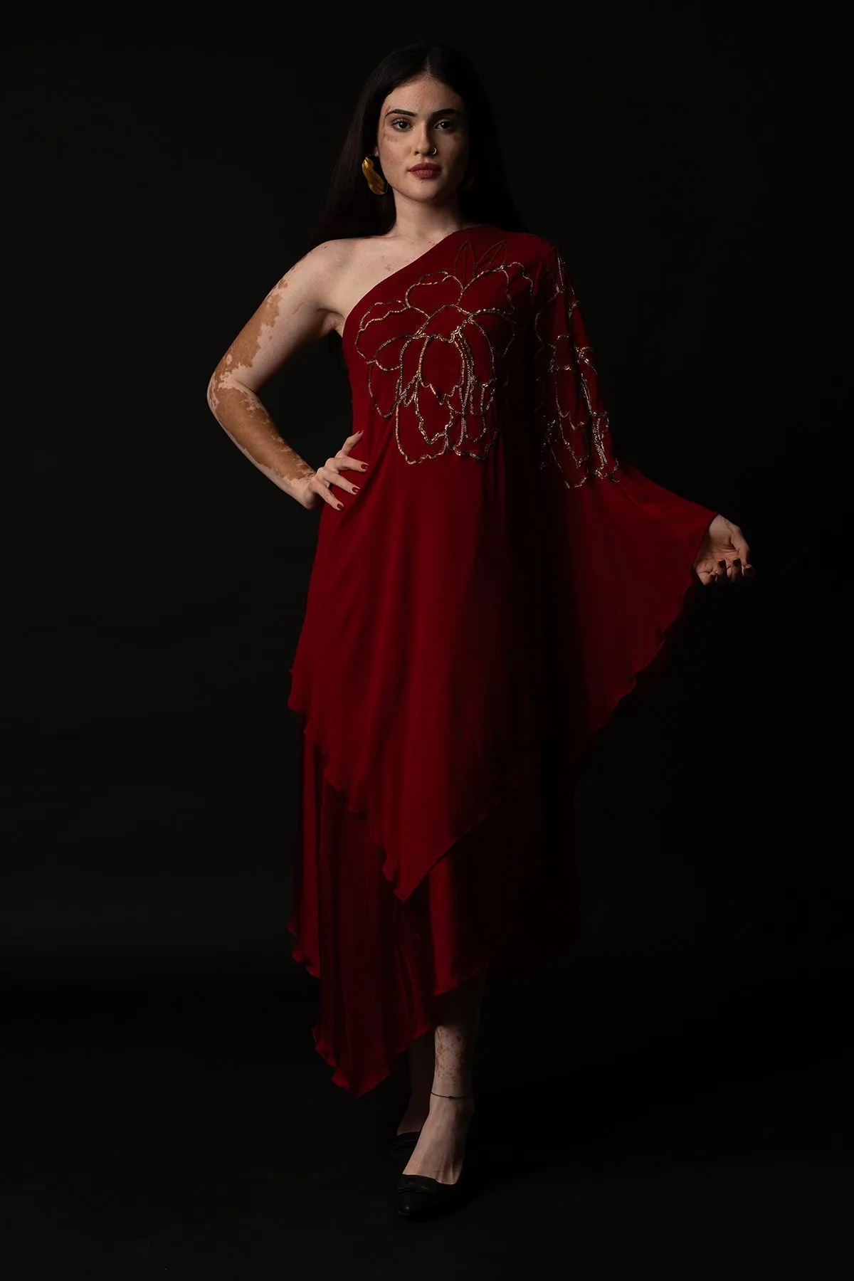 Red Satin Asymmetrical Dress