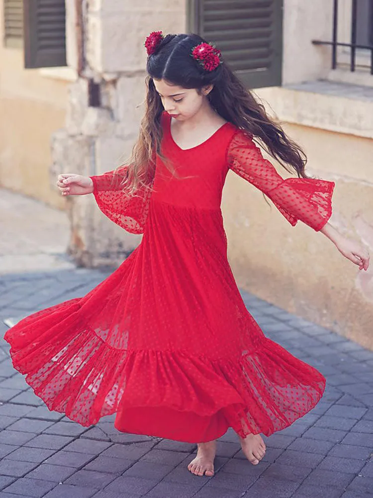Red V-Neck Polyester Long Sleeves Ankle-Length A-Line Lace Formal Kids Pageant flower girl dresses