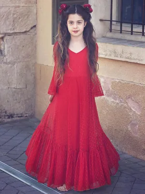 Red V-Neck Polyester Long Sleeves Ankle-Length A-Line Lace Formal Kids Pageant flower girl dresses
