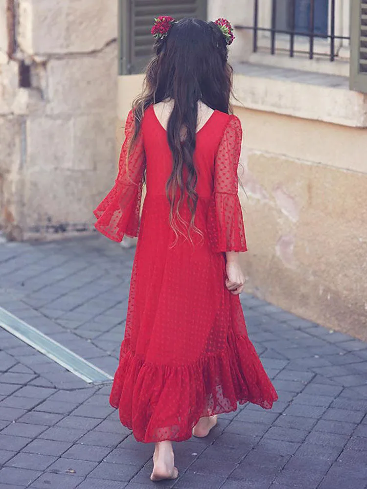 Red V-Neck Polyester Long Sleeves Ankle-Length A-Line Lace Formal Kids Pageant flower girl dresses