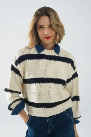 Relaxed beige jumper with black stripes