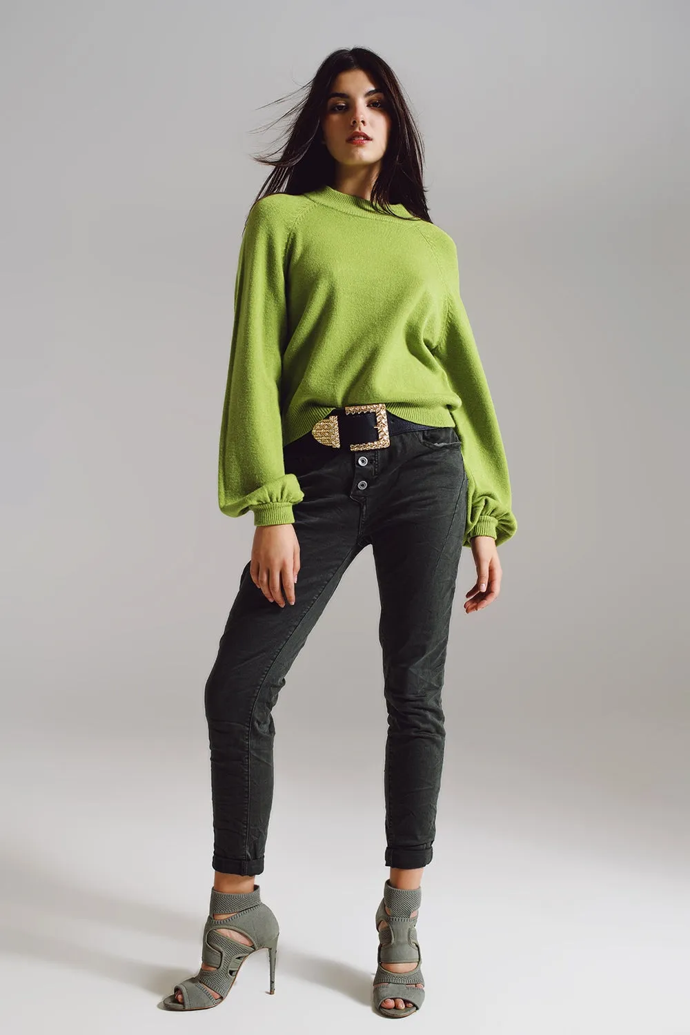relaxed style green jumper with balloon sleeves