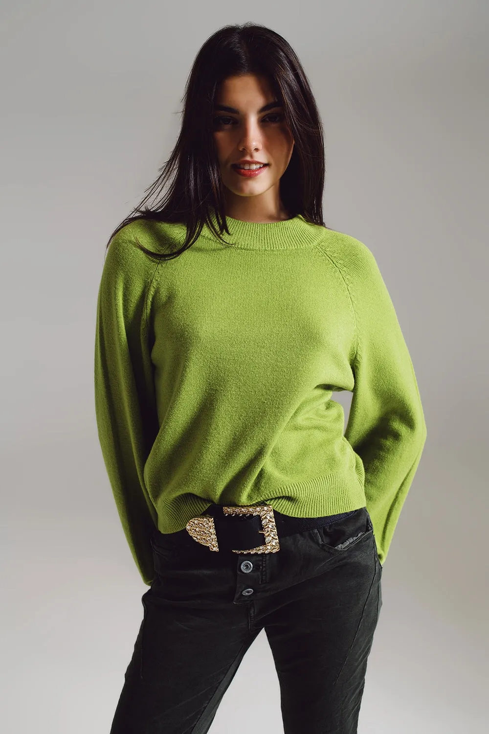 relaxed style green jumper with balloon sleeves