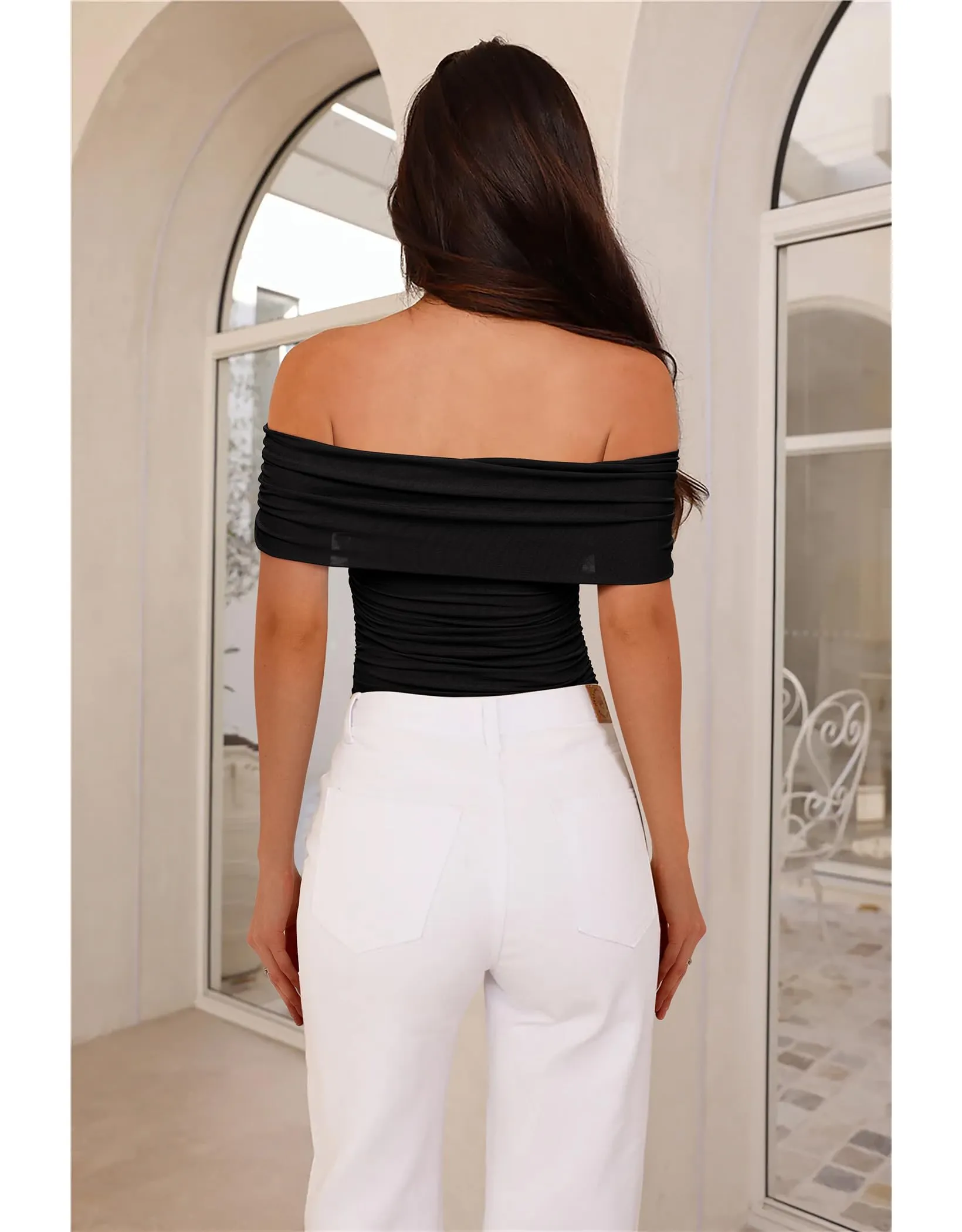 REORIA Bodysuit for Women Off Shoulder Mesh Top Bodysuits Sexy Leotard Thong Bodysuit for Women Black XS