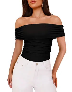 REORIA Bodysuit for Women Off Shoulder Mesh Top Bodysuits Sexy Leotard Thong Bodysuit for Women Black XS