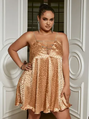 Rhinestone Chain Lace Up Yoke Leopard Satin Cami Mini Dress