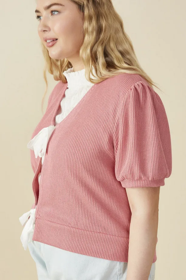 Ribbed Knit Bow Detail Short Sleeve Open Top