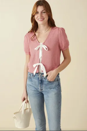 Ribbed Knit Bow Detail Short Sleeve Open Top