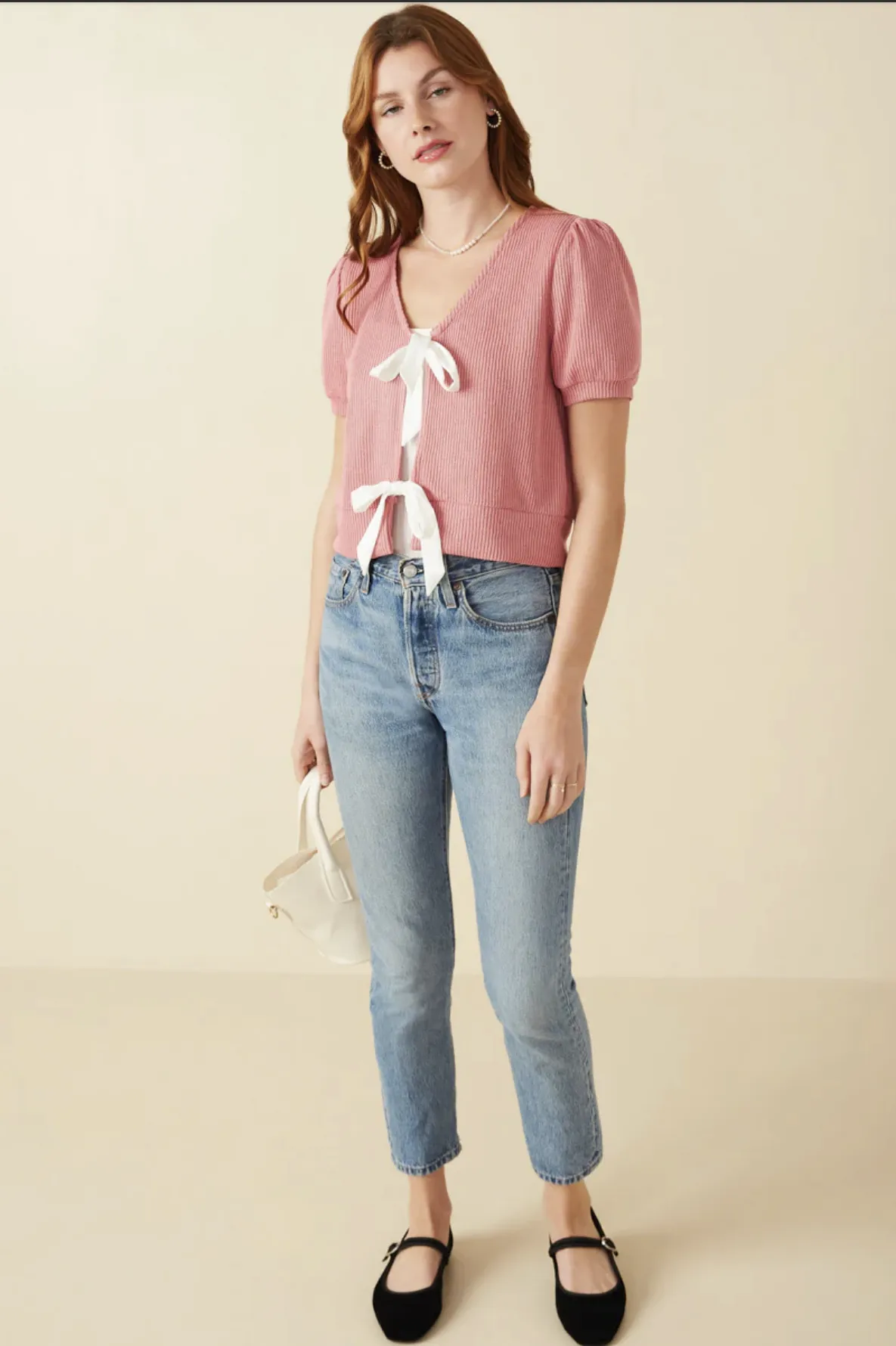 Ribbed Knit Bow Detail Short Sleeve Open Top