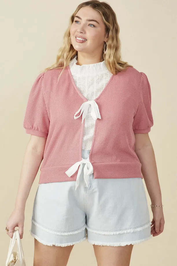 Ribbed Knit Bow Detail Short Sleeve Open Top