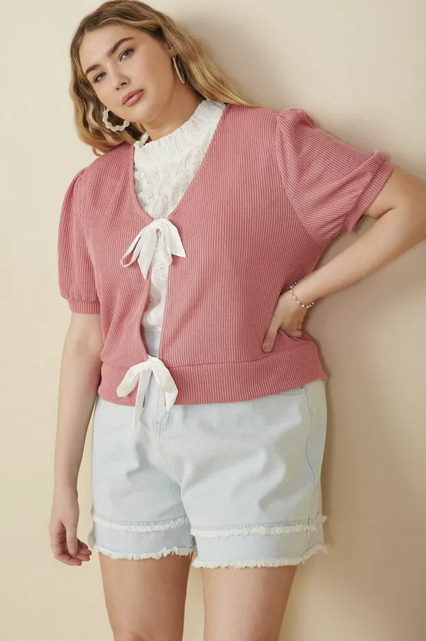 Ribbed Knit Bow Detail Short Sleeve Open Top