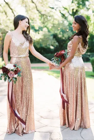 rose gold bridesmaid dresses long spaghetti straps a line sparkle cheap wedding guest dress 2020