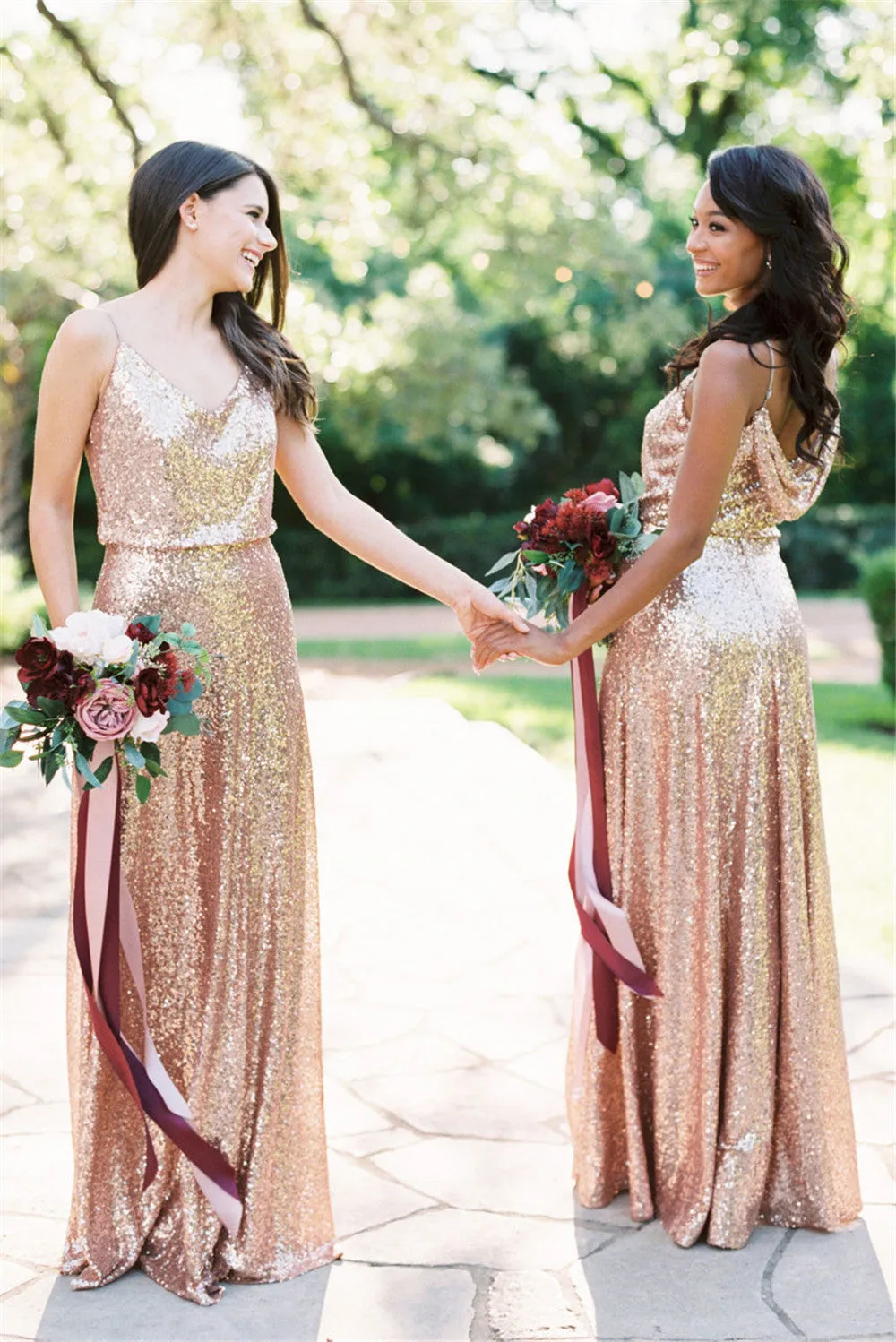 rose gold bridesmaid dresses long spaghetti straps a line sparkle cheap wedding guest dress 2020