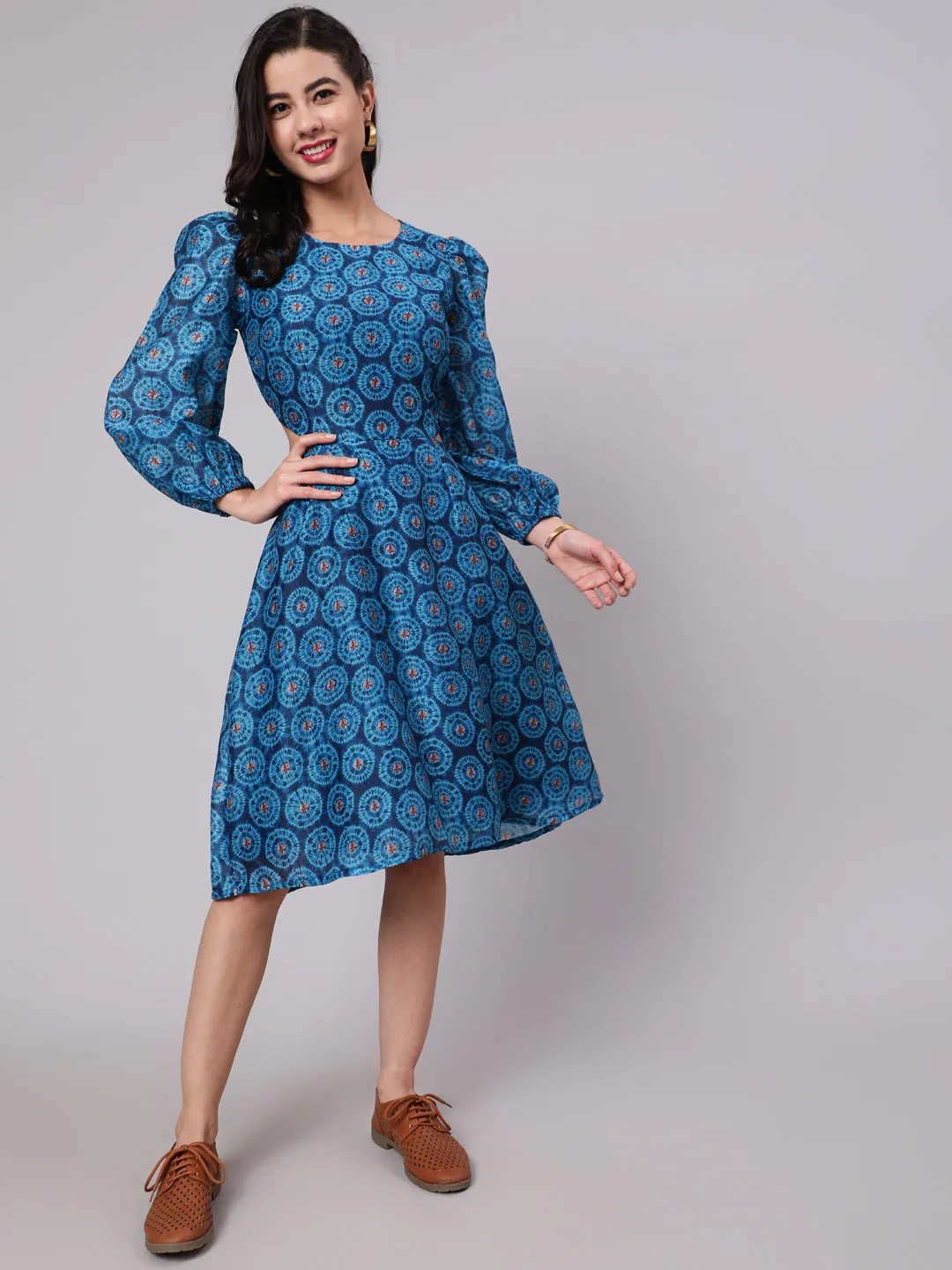 Royal Blue Printed Cut-Out Skater Dress