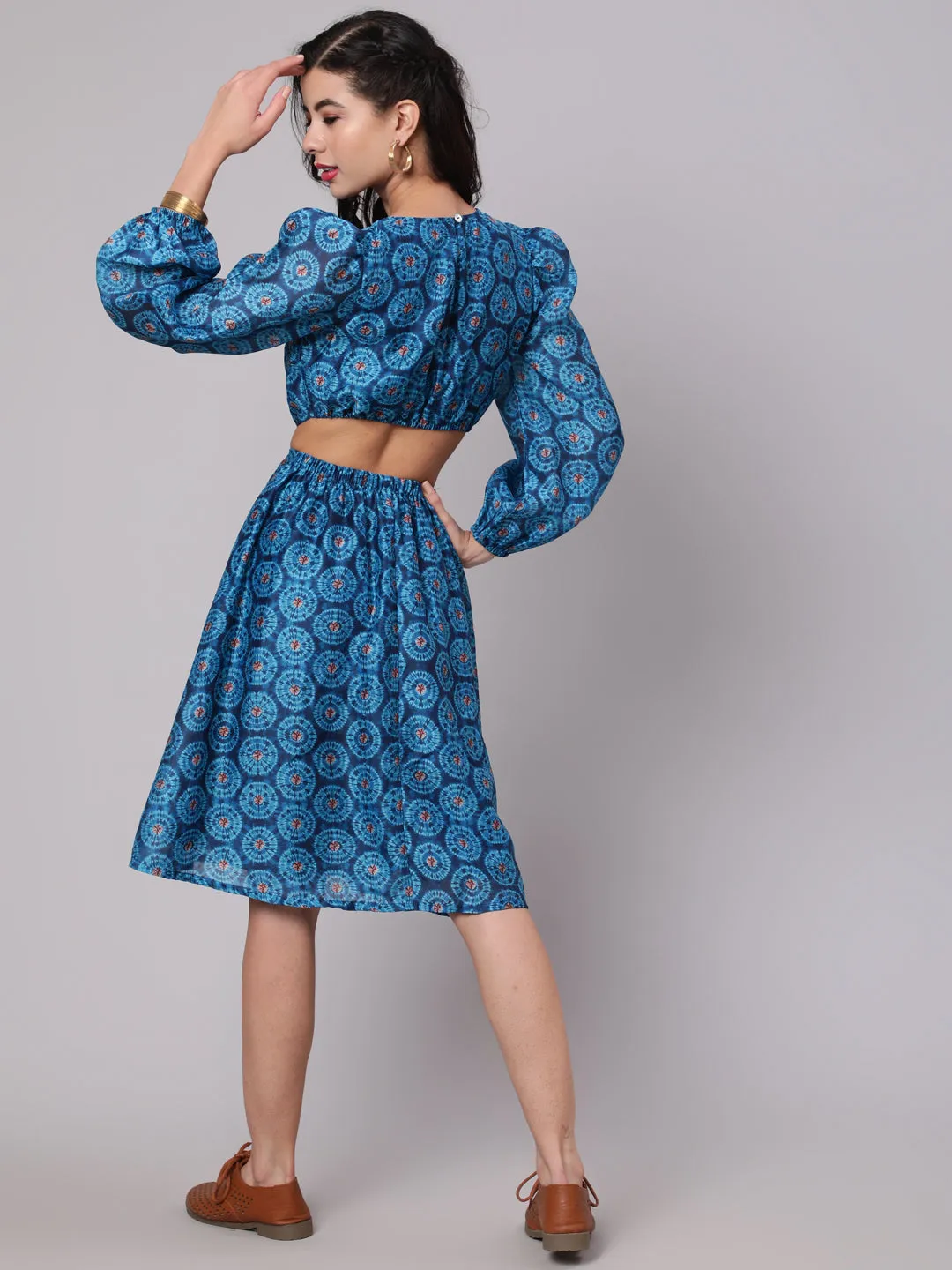 Royal Blue Printed Cut-Out Skater Dress