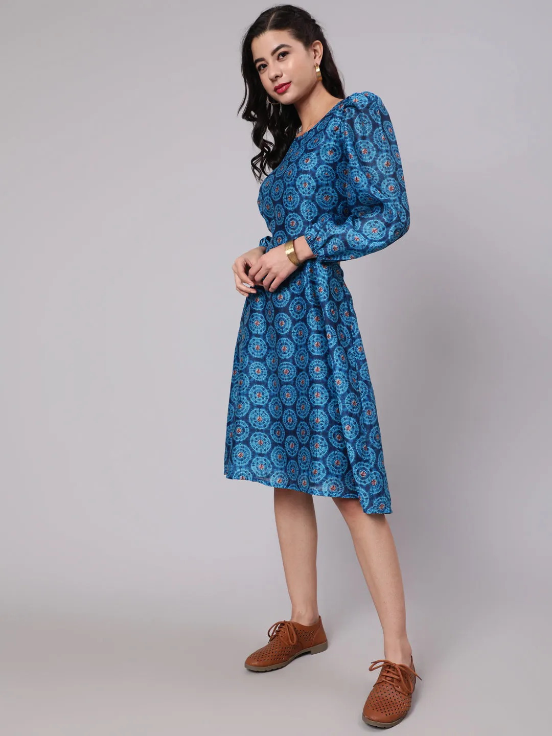 Royal Blue Printed Cut-Out Skater Dress