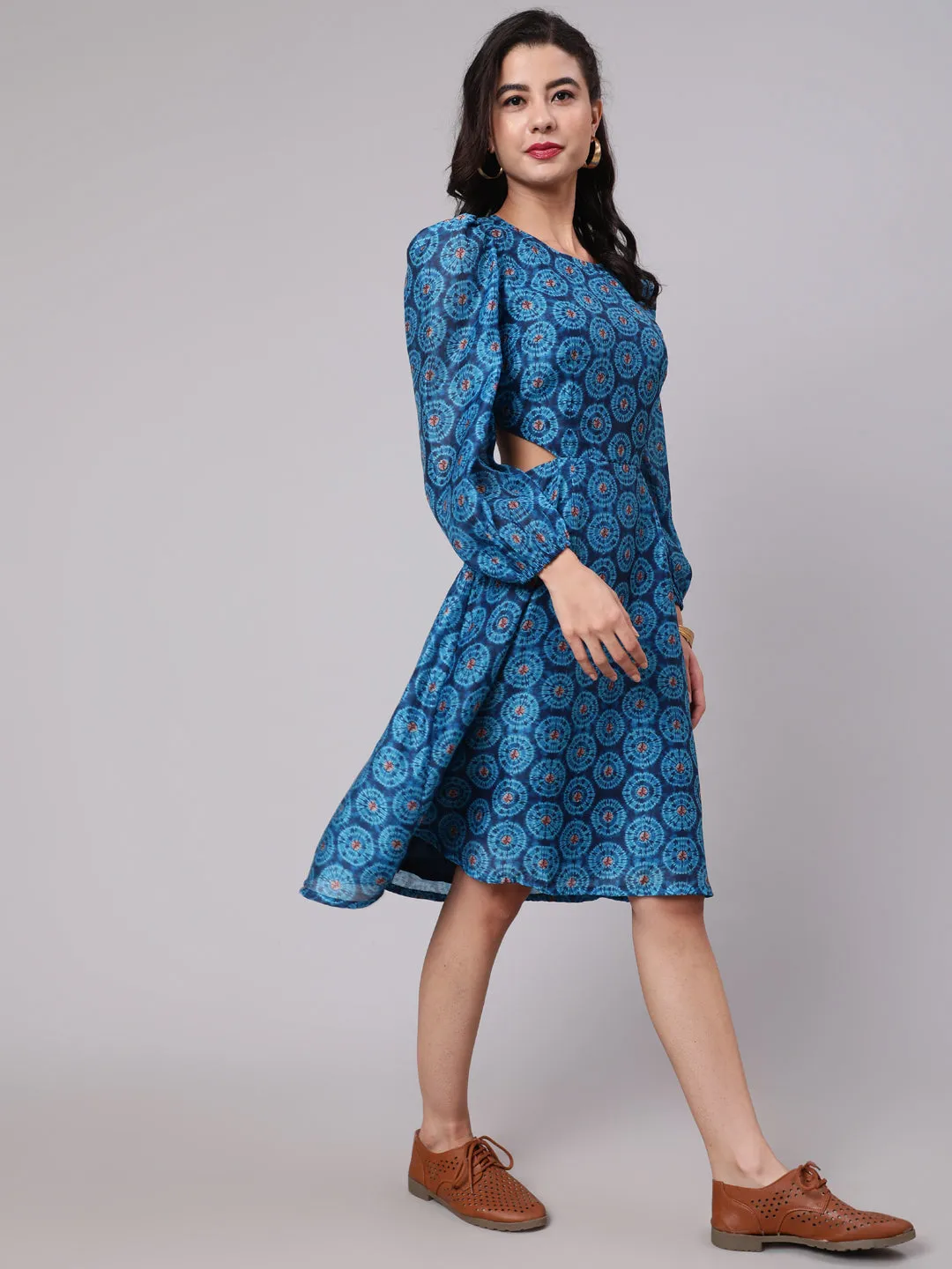 Royal Blue Printed Cut-Out Skater Dress