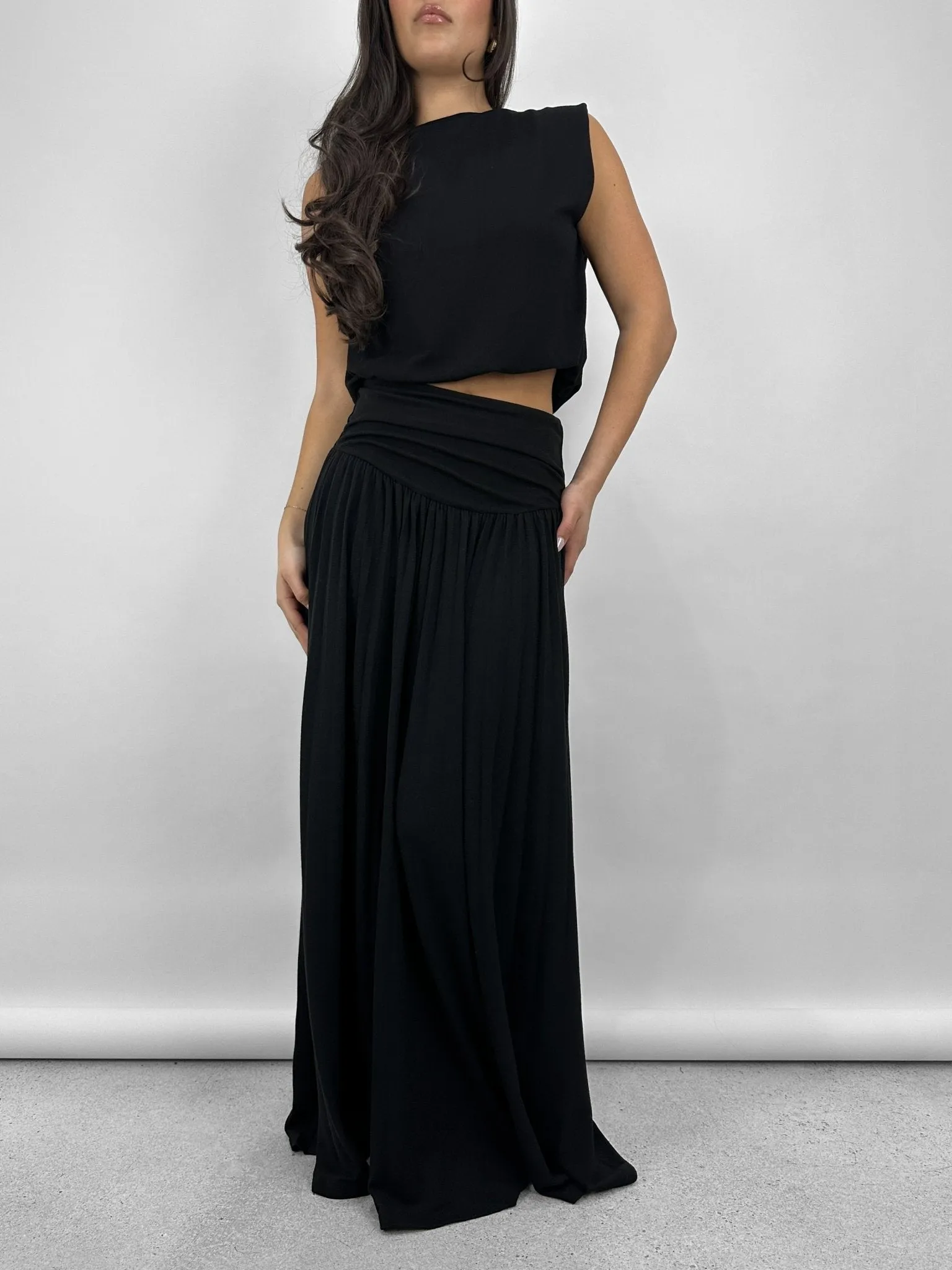 Ruche Waist Pleated Maxi Skirt