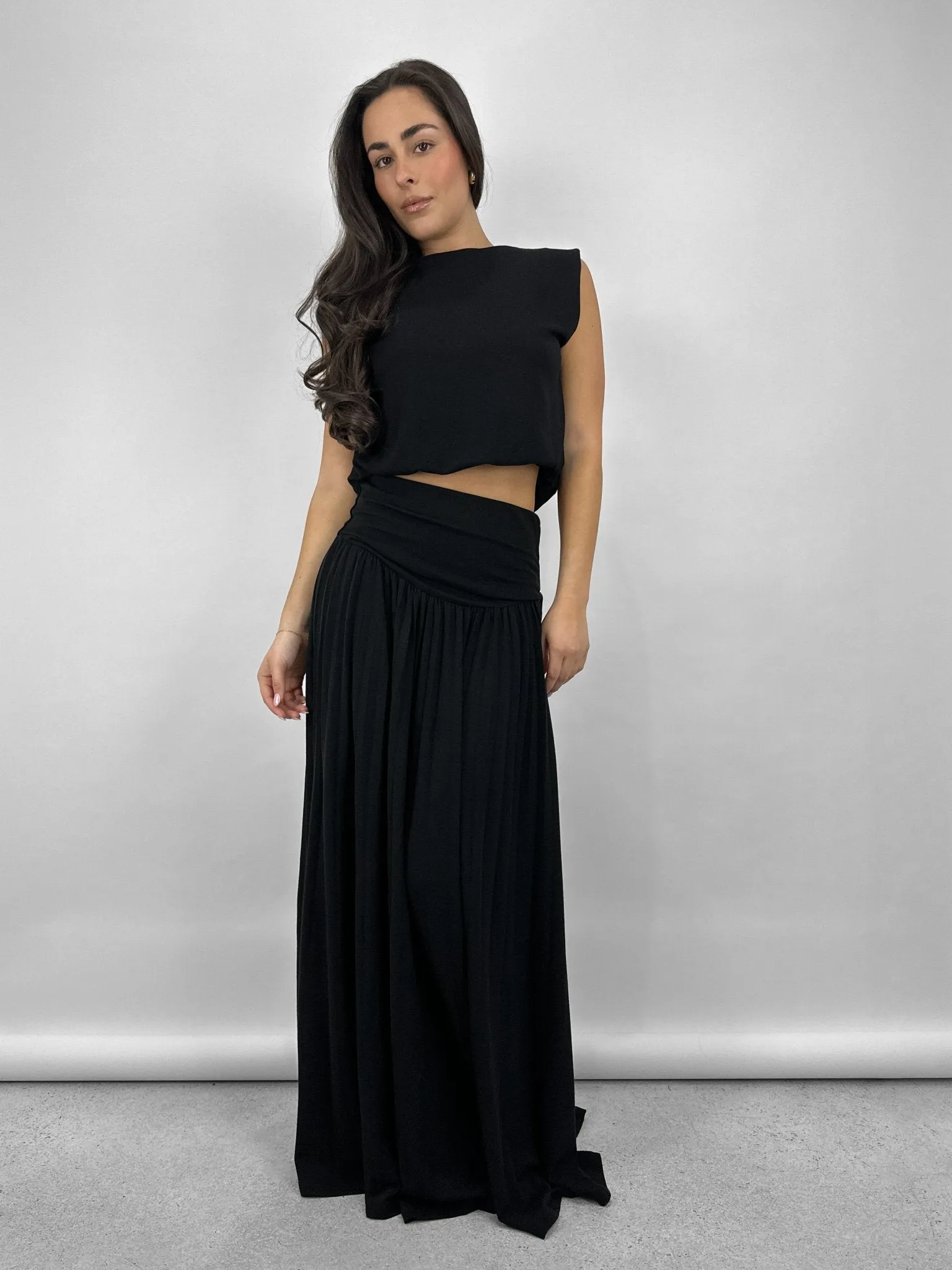 Ruche Waist Pleated Maxi Skirt