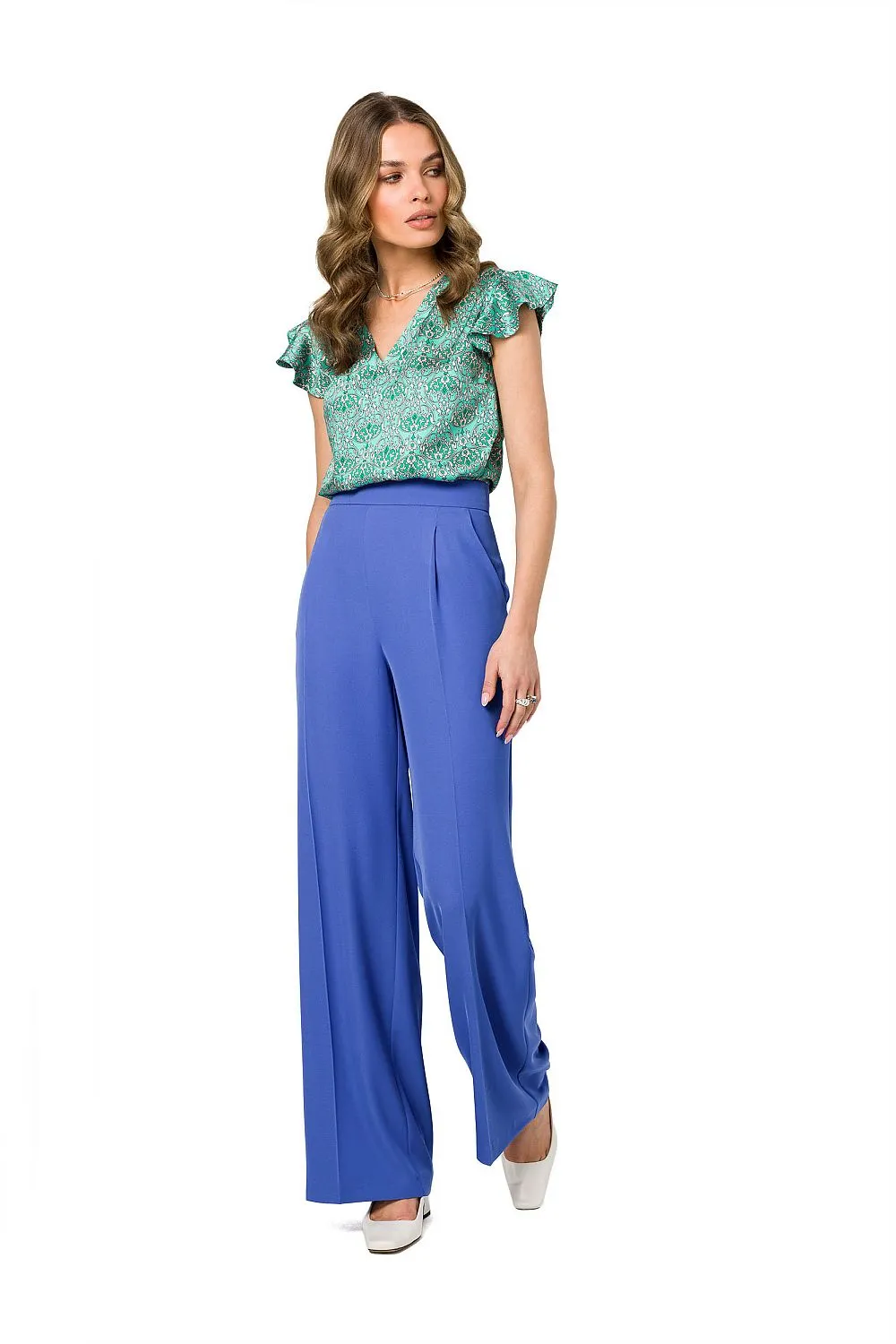 Satin Ruffle Sleeve V-Neck Blouse
