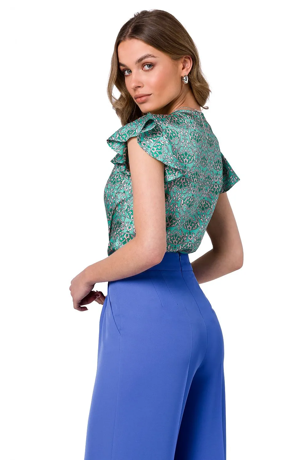 Satin Ruffle Sleeve V-Neck Blouse